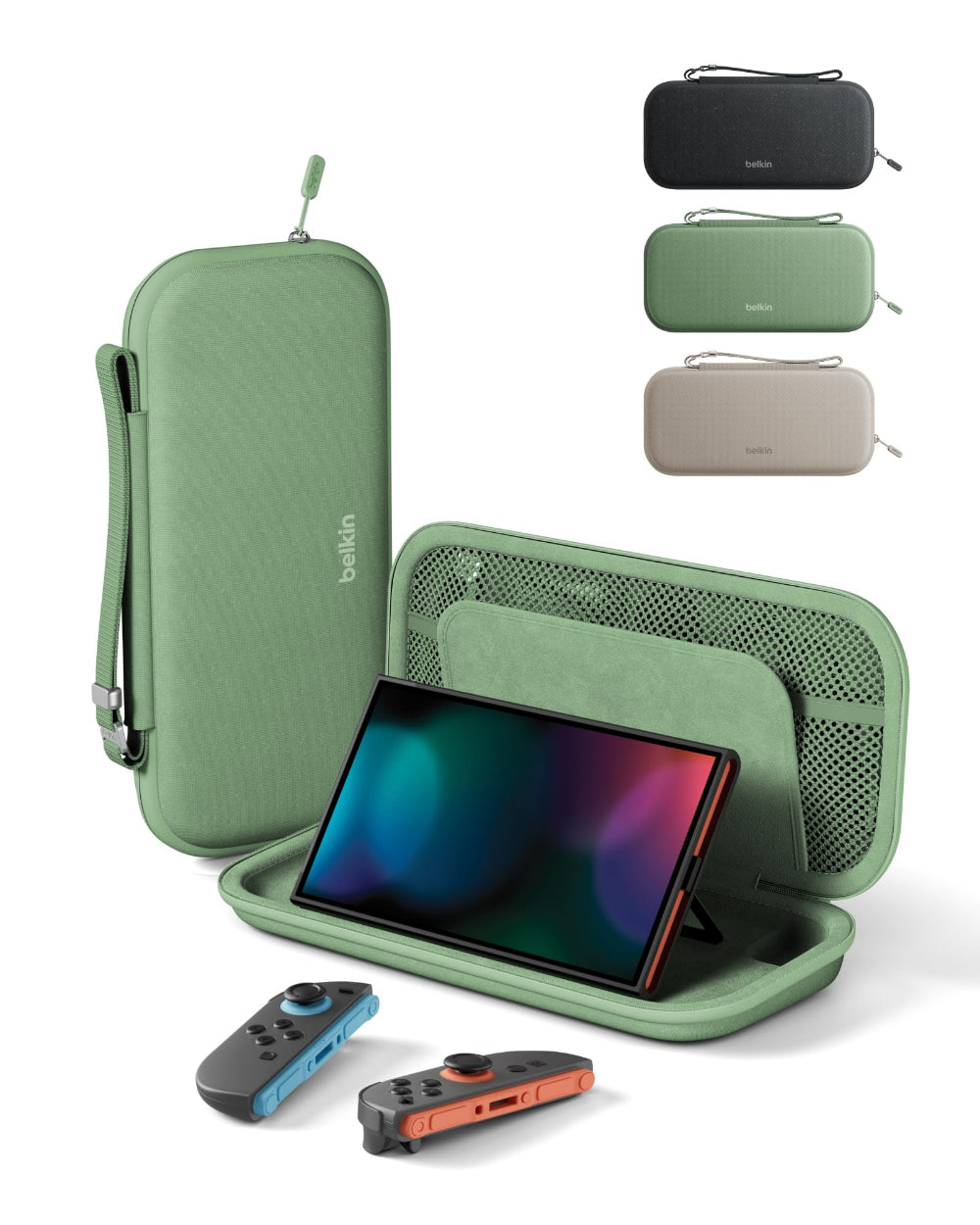 Belkin Gaming Travel Case for Nintendo Switch 2, Water-Resistant Protective Carrying Case, Game Card Storage, Hidden AirTag Pocket, Sage