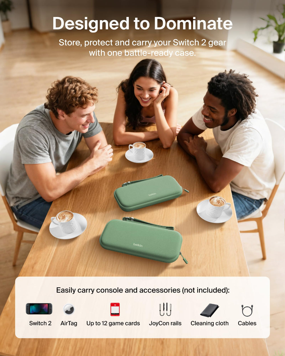 Belkin Gaming Travel Case for Nintendo Switch 2, Water-Resistant Protective Carrying Case, Game Card Storage, Hidden AirTag Pocket, Sage