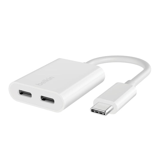 Belkin ROCKSTAR 3.5mm Audio + USB-C Charge Adapter - 2-Port Adpter for Audio and Charging, for iPhone 16/15 Series, iPads, Airpods, Android & other compatible devices - White