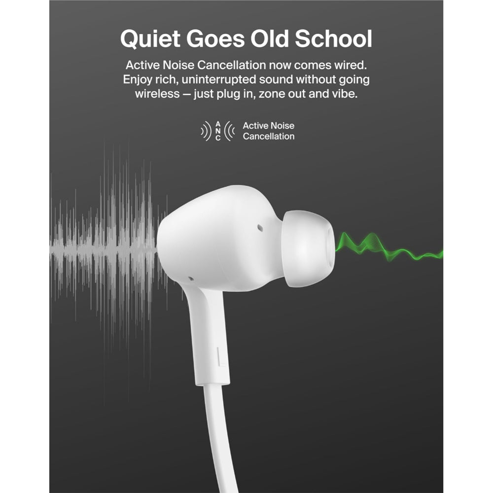 Belkin SoundForm ANC Wired USB-C Earbuds, Active Noise Cancellation, Hi-Res Audio, Built-In Microphone, IPX5 Water Resistant, White