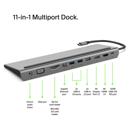 Belkin CONNECT USB-C 11-in-1 Multiport Dock - Aux, VGA, Micro/SD Slots, Ethernet, 2x USB-A 3.0, USB-A 2.0, DP, HDMI 4K, Type-C Ports, for MacBook Pro/Air, iPad Pro & other USB-C Devices