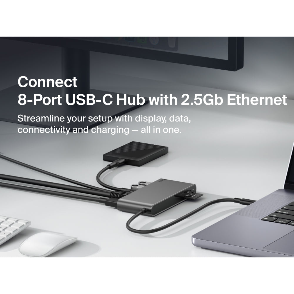 Belkin Multiport Hub8In1 C To (2 Usba 1 Usbc 1 Usbc Pd 1 Ethrnt 1 Hdmi 1 Micro Sd 1 Sd) Space Grey