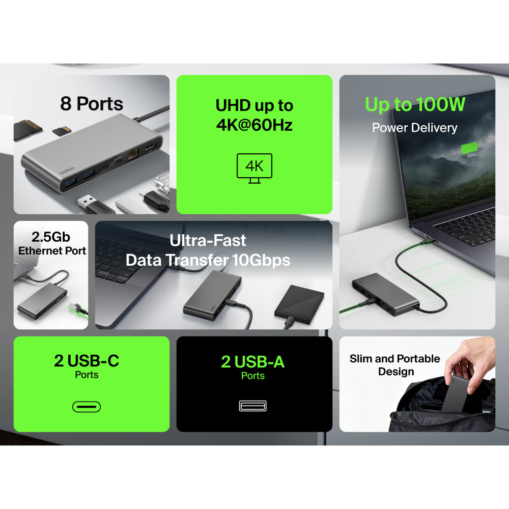 Belkin Multiport Hub8In1 C To (2 Usba 1 Usbc 1 Usbc Pd 1 Ethrnt 1 Hdmi 1 Micro Sd 1 Sd) Space Grey