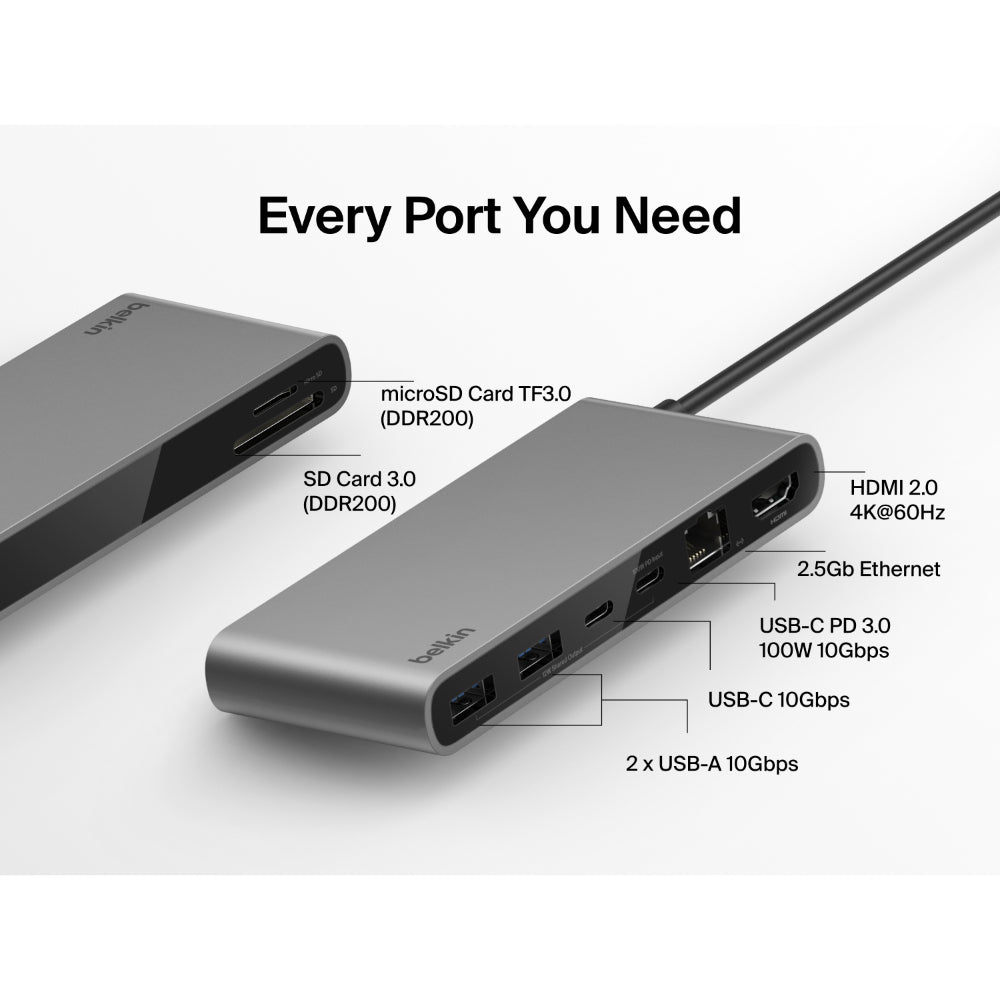 Belkin Multiport Hub8In1 C To (2 Usba 1 Usbc 1 Usbc Pd 1 Ethrnt 1 Hdmi 1 Micro Sd 1 Sd) Space Grey