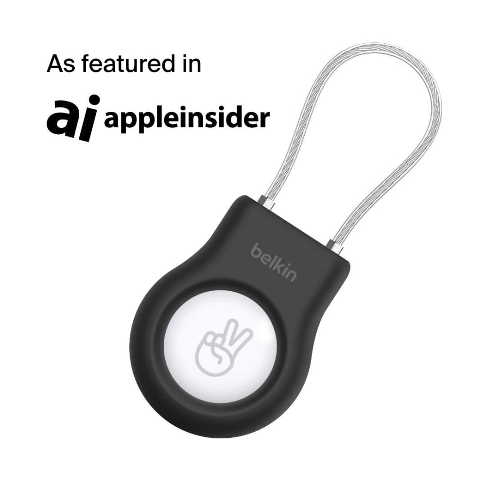 Belkin AirTag Case with Wire Cable, Secure Holder Protective Cover for Air Tag with Scratch Resistance, Alln Key Locking System for Bag, Backpack, Luggage, Car Keys, 50Kg Strength - Black