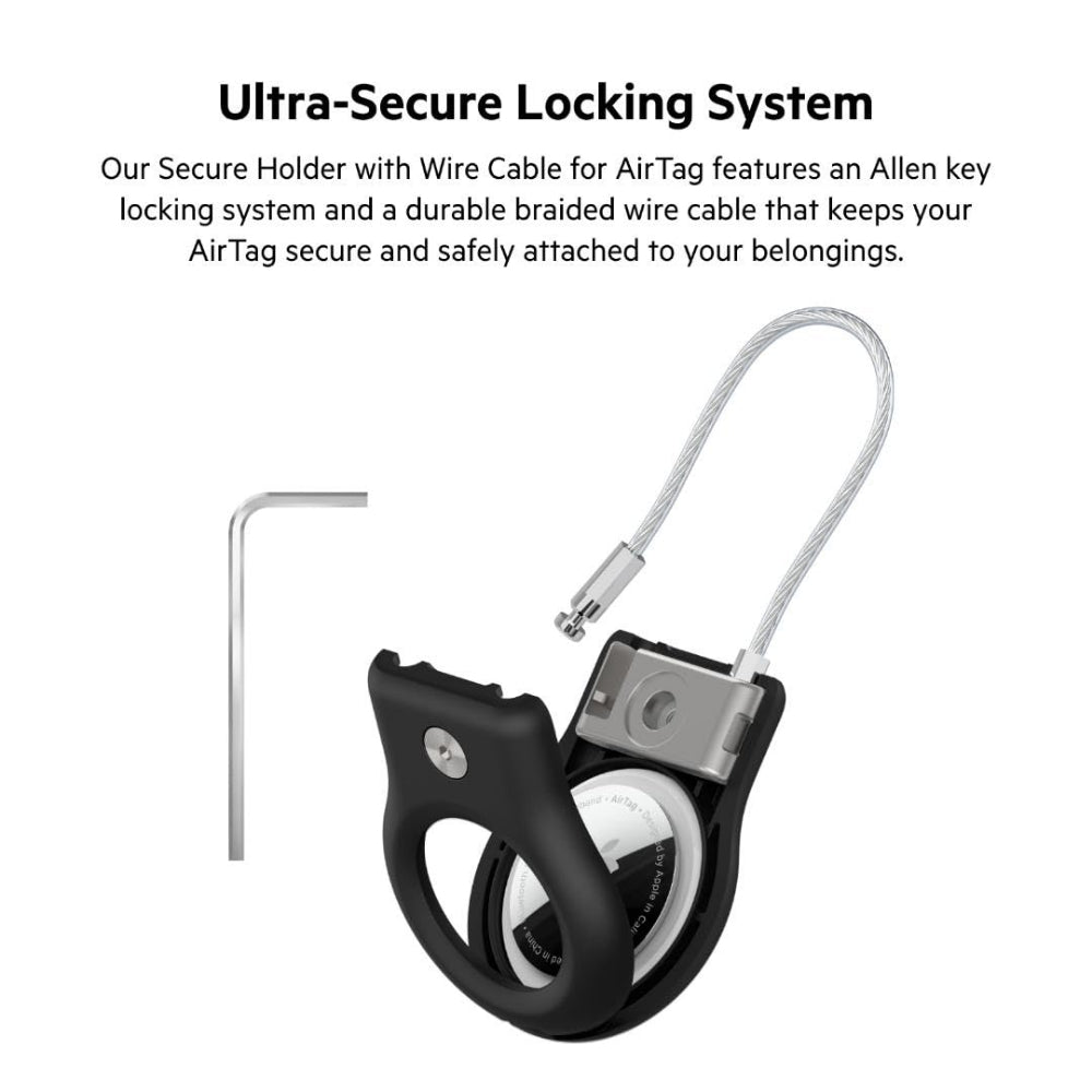 Belkin AirTag Case with Wire Cable, Secure Holder Protective Cover for Air Tag with Scratch Resistance, Alln Key Locking System for Bag, Backpack, Luggage, Car Keys, 50Kg Strength - Black