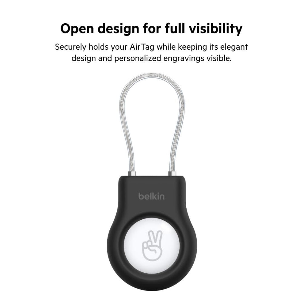 Belkin AirTag Case with Wire Cable, Secure Holder Protective Cover for Air Tag with Scratch Resistance, Alln Key Locking System for Bag, Backpack, Luggage, Car Keys, 50Kg Strength - Black
