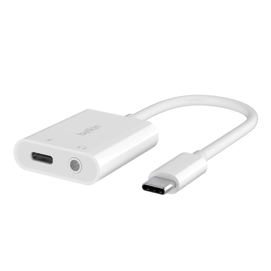 BELKIN RockStar 3.5mm Audio + USB-C Charge Adapter| Charge and Listen, 4" Tethered Cable, 60W Pass-through Charging, High Resolution Audio Quality, Wide Compatibility - White