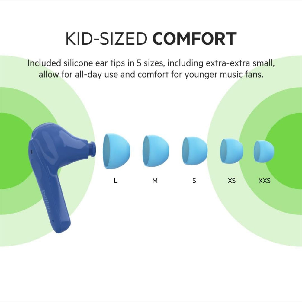 Belkin SOUNDFORM NANO True Wireless Earbuds for KIDS - Bluetooth In-Ear KID FRIENDLY w/ Volume Limiter & Touch Control, 24HRS Battery, for Apple iPhone/iPad, Samsung/Huawei, Tablets & Laptops - Blue