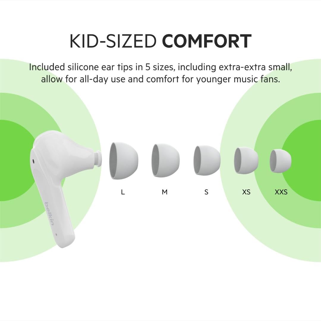 Belkin SOUNDFORM NANO True Wireless Earbuds for KIDS - Bluetooth In-Ear KID FRIENDLY w/ Volume Limiter & Touch Control, 24HRS Battery, for Apple iPhone/iPad, Samsung/Huawei, Tablets & Laptops - White