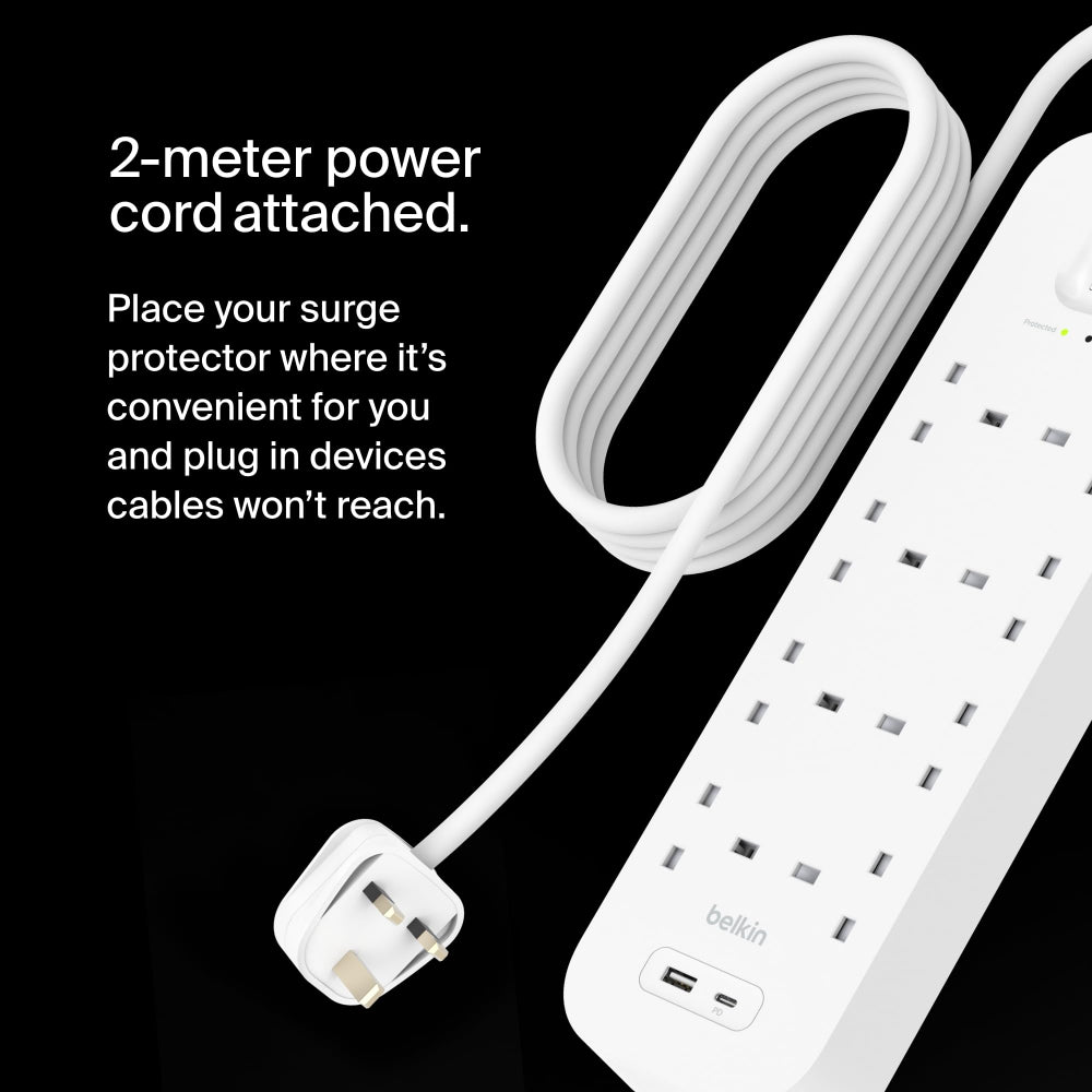 Belkin 8-Outlet Surge Protector w/ Charging Ports 18W| 2meters Cable Length, 900 Joules Protection, PD Fast Charge 1x USB/C 1x USB-A, Heavy Duty Chord, w/ Switch & LED Indicator,  - UK 3-Pin
