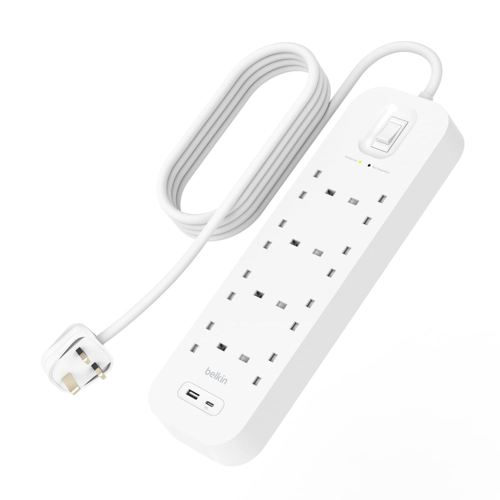 Belkin 8-Outlet Surge Protector w/ Charging Ports 18W| 2meters Cable Length, 900 Joules Protection, PD Fast Charge 1x USB/C 1x USB-A, Heavy Duty Chord, w/ Switch & LED Indicator,  - UK 3-Pin