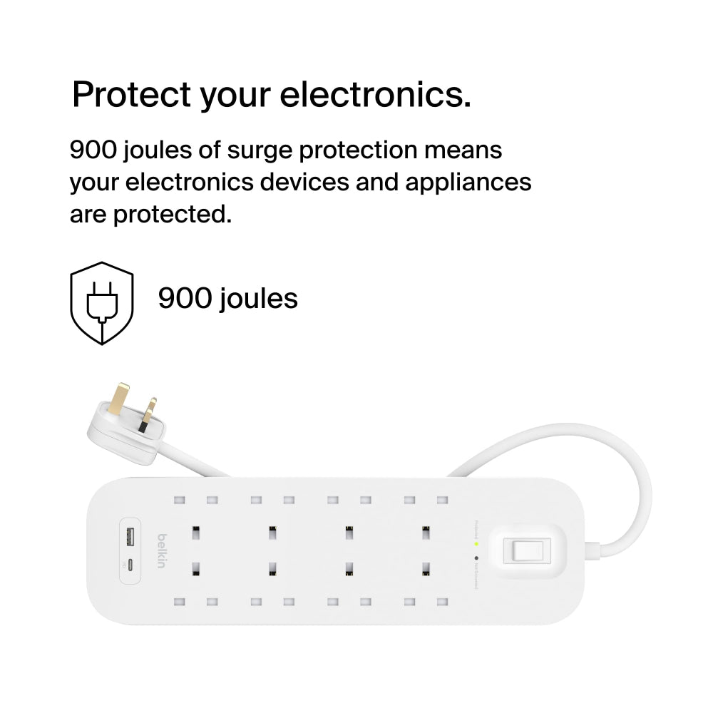 Belkin 8-Outlet Surge Protector w/ Charging Ports 18W| 2meters Cable Length, 900 Joules Protection, PD Fast Charge 1x USB/C 1x USB-A, Heavy Duty Chord, w/ Switch & LED Indicator,  - UK 3-Pin