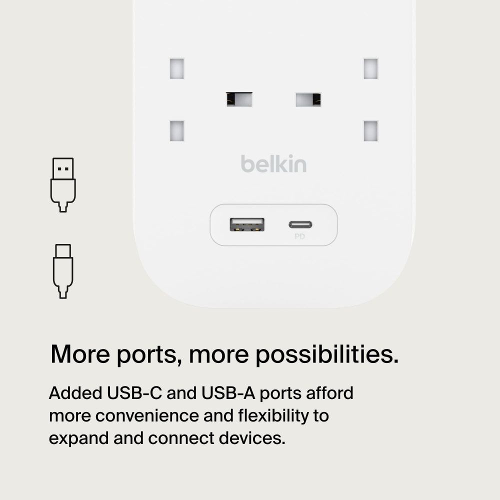 Belkin 8-Outlet Surge Protector w/ Charging Ports 18W| 2meters Cable Length, 900 Joules Protection, PD Fast Charge 1x USB/C 1x USB-A, Heavy Duty Chord, w/ Switch & LED Indicator,  - UK 3-Pin