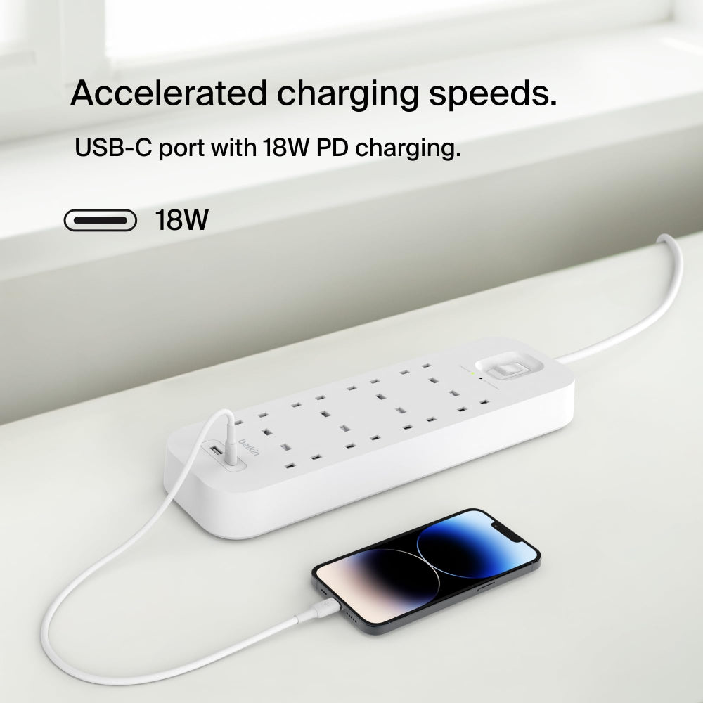 Belkin 8-Outlet Surge Protector w/ Charging Ports 18W| 2meters Cable Length, 900 Joules Protection, PD Fast Charge 1x USB/C 1x USB-A, Heavy Duty Chord, w/ Switch & LED Indicator,  - UK 3-Pin