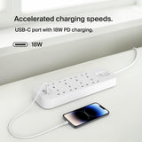 Belkin 8-Outlet Surge Protector w/ Charging Ports 18W| 2meters Cable Length, 900 Joules Protection, PD Fast Charge 1x USB/C 1x USB-A, Heavy Duty Chord, w/ Switch & LED Indicator,  - UK 3-Pin