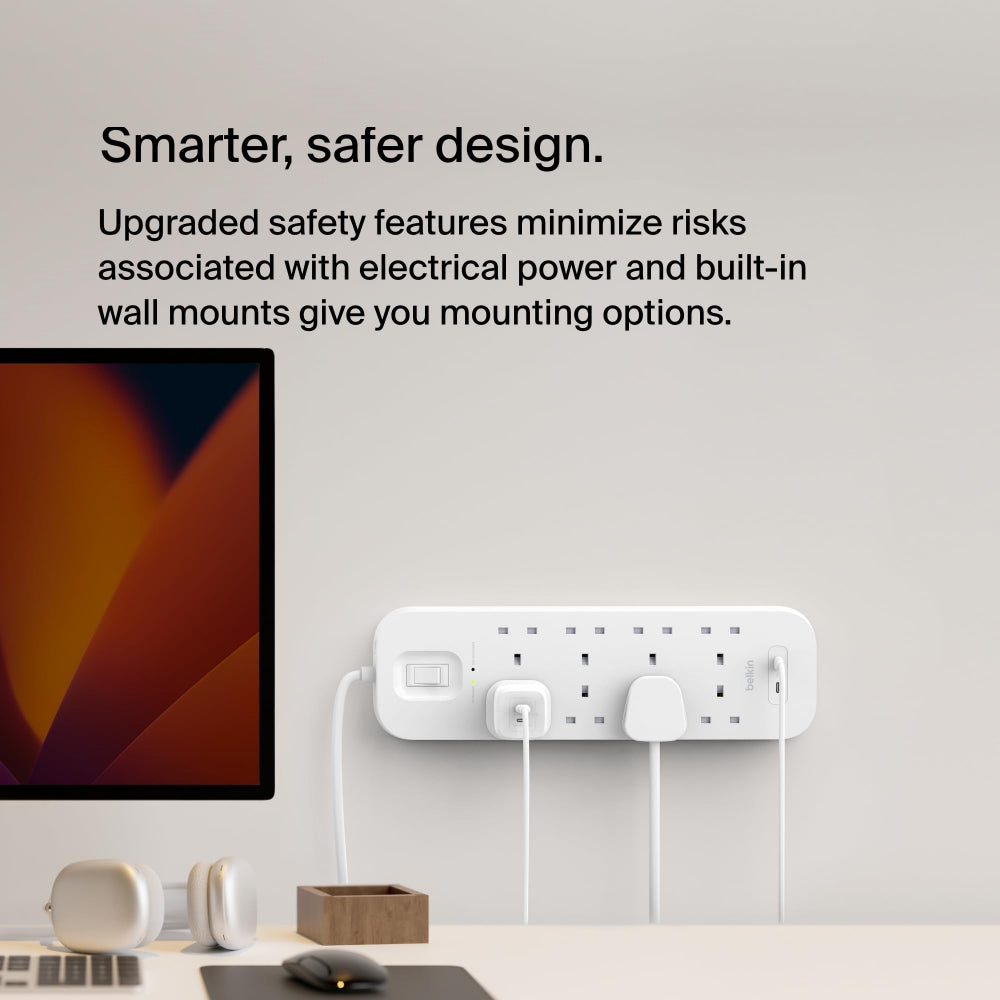 Belkin 8-Outlet Surge Protector w/ Dual USB-C Ports 30W| 2meters Cable Length, 900 Joules Protection, PD Fast Charge, Heavy Duty Chord, w/ Switch & LED Indicator,  - UK 3-Pin