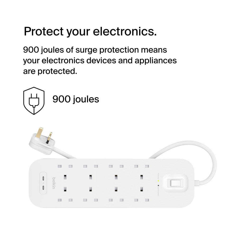 Belkin 8-Outlet Surge Protector w/ Dual USB-C Ports 30W| 2meters Cable Length, 900 Joules Protection, PD Fast Charge, Heavy Duty Chord, w/ Switch & LED Indicator,  - UK 3-Pin