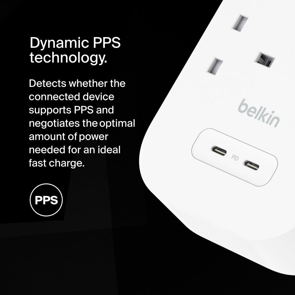 Belkin 8-Outlet Surge Protector w/ Dual USB-C Ports 30W| 2meters Cable Length, 900 Joules Protection, PD Fast Charge, Heavy Duty Chord, w/ Switch & LED Indicator,  - UK 3-Pin