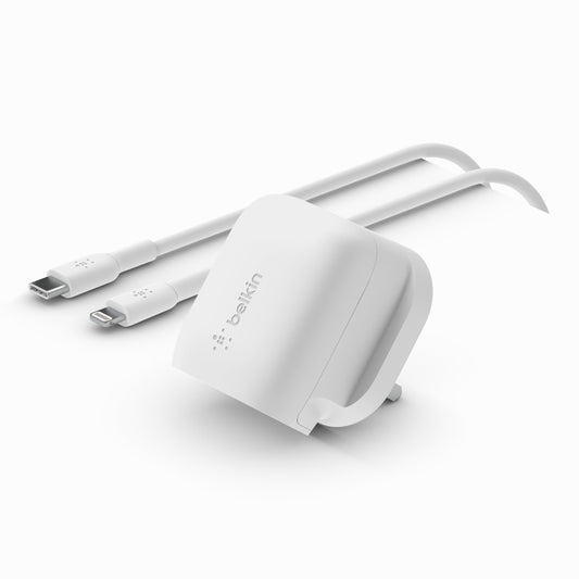 Belkin BoostCharge 20W Wall Charger + Lightning Cable 1m| Fast Charge PD Portable Compact Drop Proof, 1x USB-C port, for Apple/Android iPhone 14/13/12 Pro Max, iPad, Samsung, 3-Pin UK - White