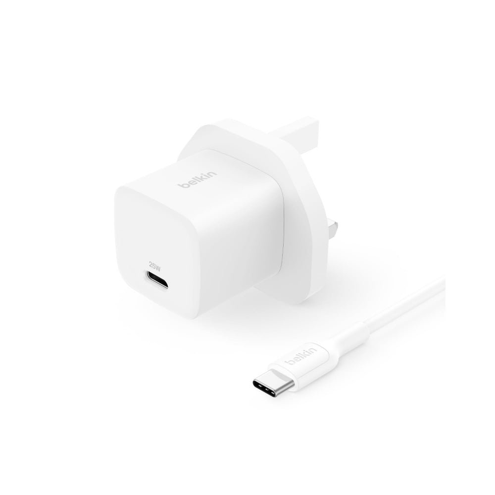 Belkin BoostCharge 25W USB-C Wall Charger + USB-C Cable (1m)| USB PD 3.1 Fast Charging UK 3-Pin - White