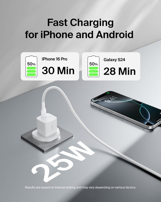 Belkin BoostCharge 25W USB-C Fast UK 3-Pin Wall Charger with PD 3.0 / PPS| Compact Power Adapter for iPhone, Samsung, iPad, Airpods, and USB-C Devices - White