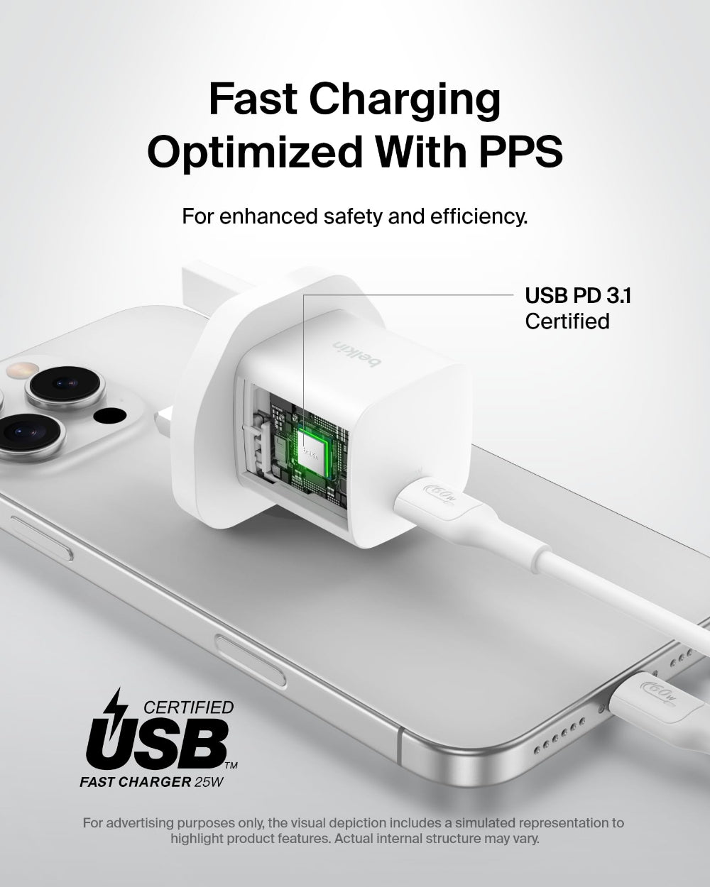 شاحن حائط Belkin BoostCharge بقوة 25 واط بمنفذ USB-C | شحن سريع USB PD 3.1 ثلاثي الأطراف - أبيض