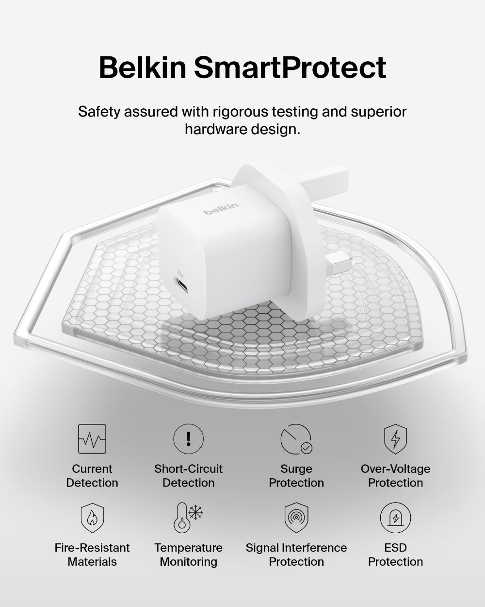شاحن حائط Belkin BoostCharge بقوة 25 واط بمنفذ USB-C | شحن سريع USB PD 3.1 ثلاثي الأطراف - أبيض