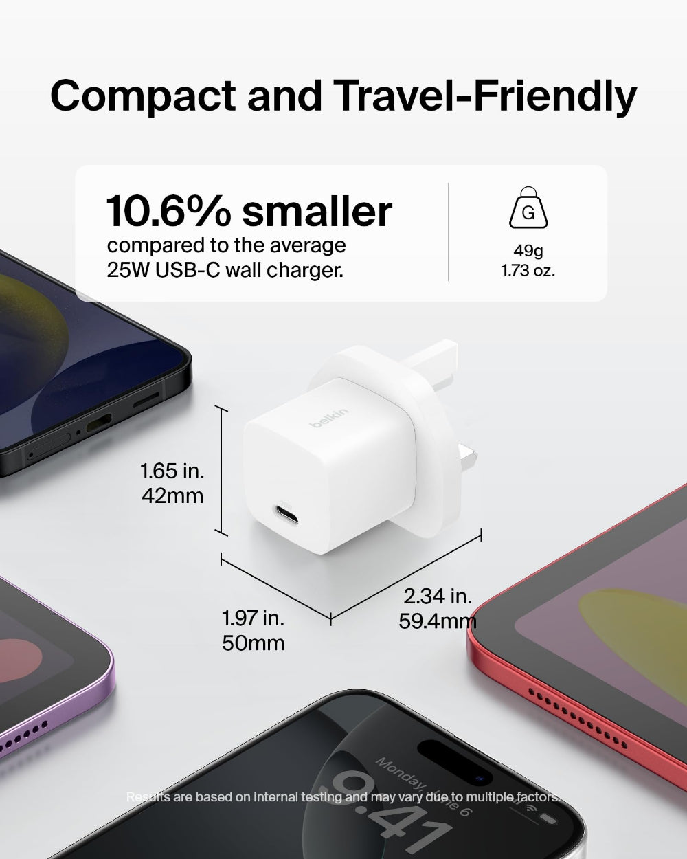 شاحن حائط Belkin BoostCharge بقوة 25 واط بمنفذ USB-C | شحن سريع USB PD 3.1 ثلاثي الأطراف - أبيض