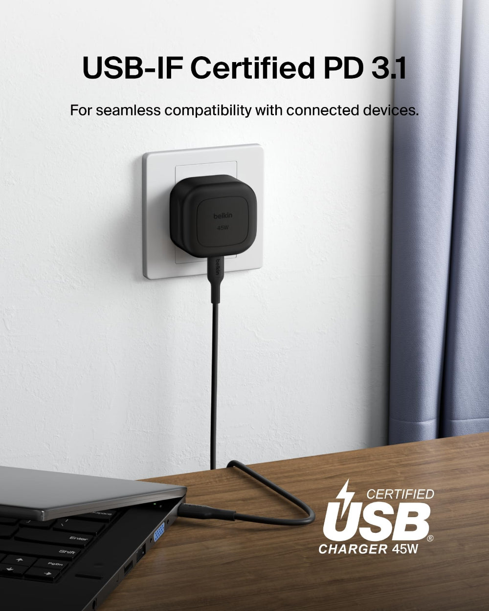 Belkin BoostCharge Compact USB-C Wall Charger 45W with USB-C Cable 1m| PD 3.1, PPS Fast Charging, Travel Friendly Design, 3-Pin UK Plug, Black