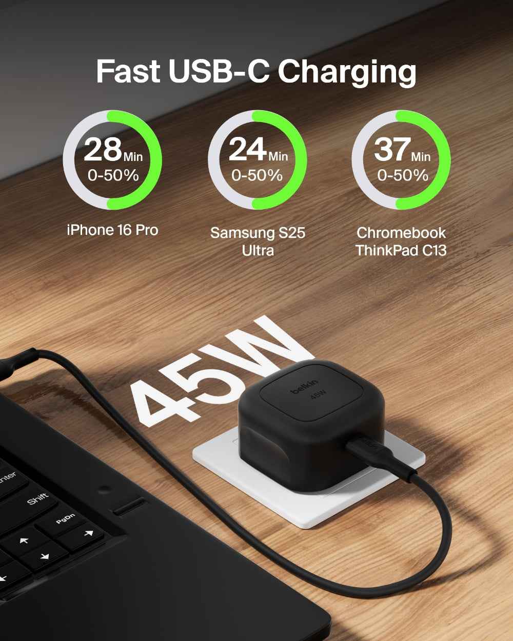 Belkin BoostCharge Compact USB-C Wall Charger 45W| Fast PD Wall Charging, for iOS and Android SmartPhones, Tablets, MacBook, UK Plug, Black