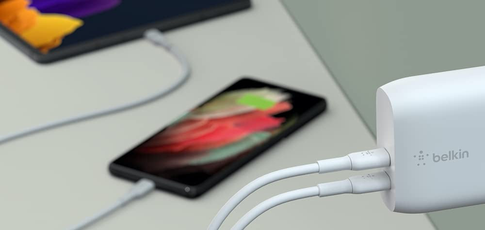 Belkin BOOSTCHARGE Dual USB-C PD Wall Charger 40W | UK 3-pin Type-C Home Power Adapter, 2 Ports Fast Charge for Apple iPhone 13/12 Pro Max Mini, iPad Pro/Air/Mini, Google Pixel, Samsung