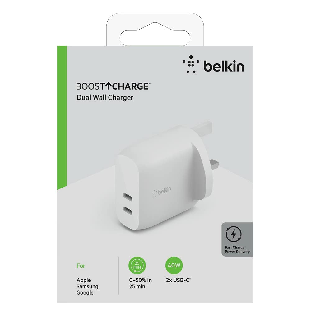 Belkin BOOSTCHARGE Dual USB-C PD Wall Charger 40W | UK 3-pin Type-C Home Power Adapter, 2 Ports Fast Charge for Apple iPhone 13/12 Pro Max Mini, iPad Pro/Air/Mini, Google Pixel, Samsung