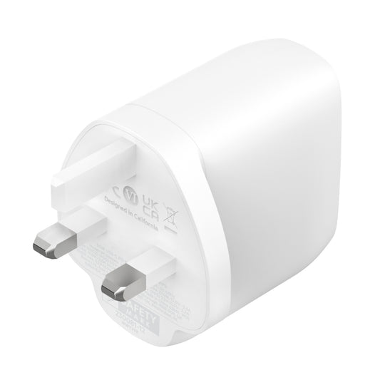 Belkin BoostCharge Pro 60W PPS Wall Charger| Fast Charge PD Portable Drop Proof, Dual Ports, 2x USB-C for Apple/Android iPhone 14/13/12 Pro Max, iPad, Samsung Phones & Tablets, UK 3-Pin Plug - White