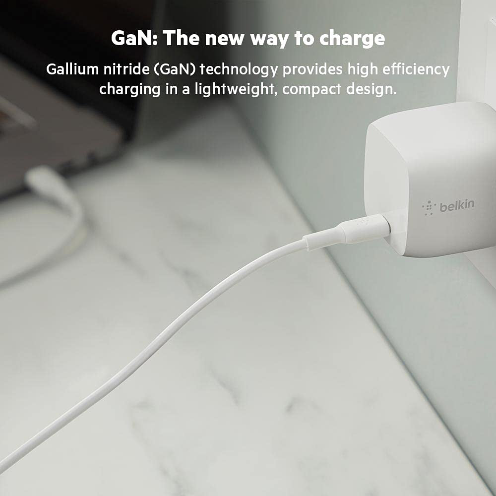 Belkin BOOSTCHARGE USB-PD GaN Wall Charger 30W (USB-C Fast Charger for Apple iPhone 12, 11 Pro Max/11 Pro/XR/XS MAX/X/8/8 Plus, MacBook Air/ Macbook Pro, iPad Pro, Pixel, Galaxy, & more) - White