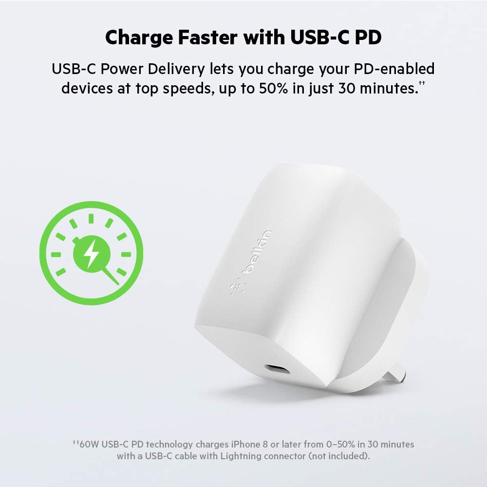 Belkin BOOST CHARGE PRO USB-C GaN Wall Charger 60 Watts - Charger for Apple iPhone 12/11 Pro Max/12/11 Pro/12/12 Mini/XR/XS Max/8/8 Plus, iPad/iPad Pro, MacBook Air/Pro & other USB-C Devices - White