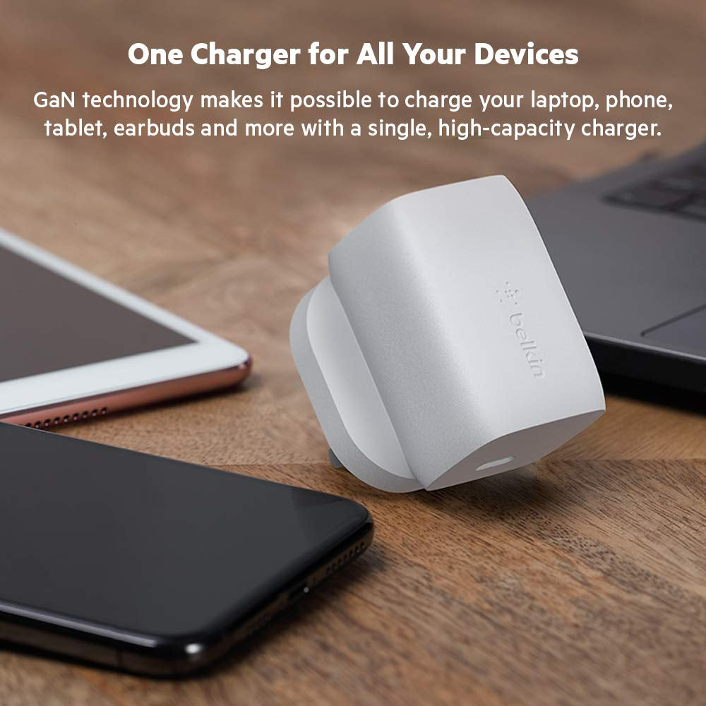 Belkin BOOST CHARGE PRO USB-C GaN Wall Charger 60 Watts - Charger for Apple iPhone 12/11 Pro Max/12/11 Pro/12/12 Mini/XR/XS Max/8/8 Plus, iPad/iPad Pro, MacBook Air/Pro & other USB-C Devices - White