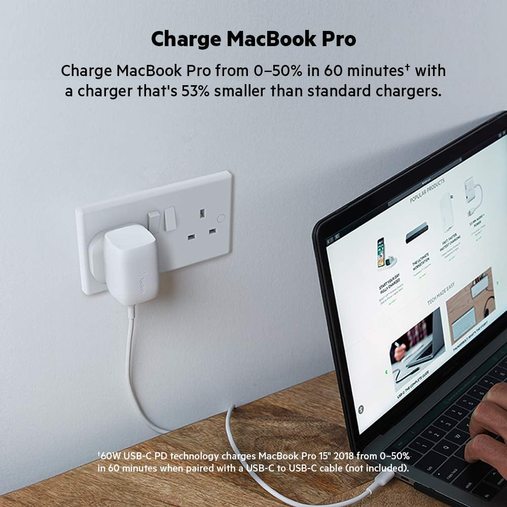 Belkin BOOST CHARGE PRO USB-C GaN Wall Charger 60 Watts - Charger for Apple iPhone 12/11 Pro Max/12/11 Pro/12/12 Mini/XR/XS Max/8/8 Plus, iPad/iPad Pro, MacBook Air/Pro & other USB-C Devices - White