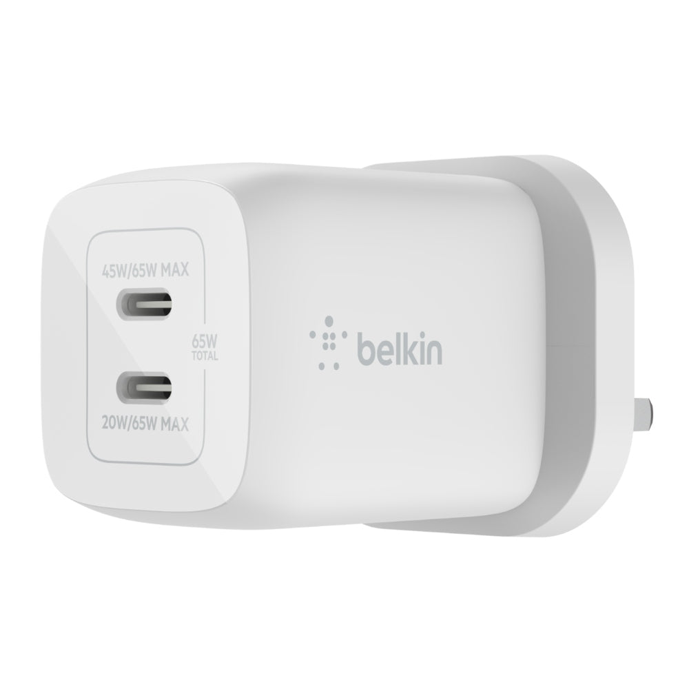 BELKIN BoostCharge 65W Dual USB-C PD Wall Charger w/ PPS - UK 3-Pin Plug - White