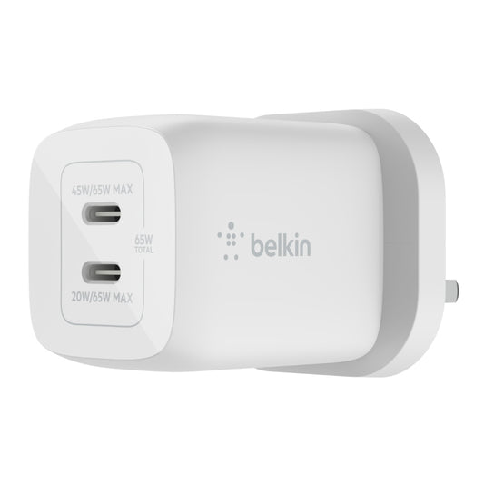 Belkin BoostCharge Dual 65W USB-C PD Wall Charger w/ PPS - Fast Charger w/ GAN Technology, Dual USB-C Charging Ports, for Smartphones, Tablets, Apple Macbook Pro/Air, ChromeBook - UK 3-Pin Plug