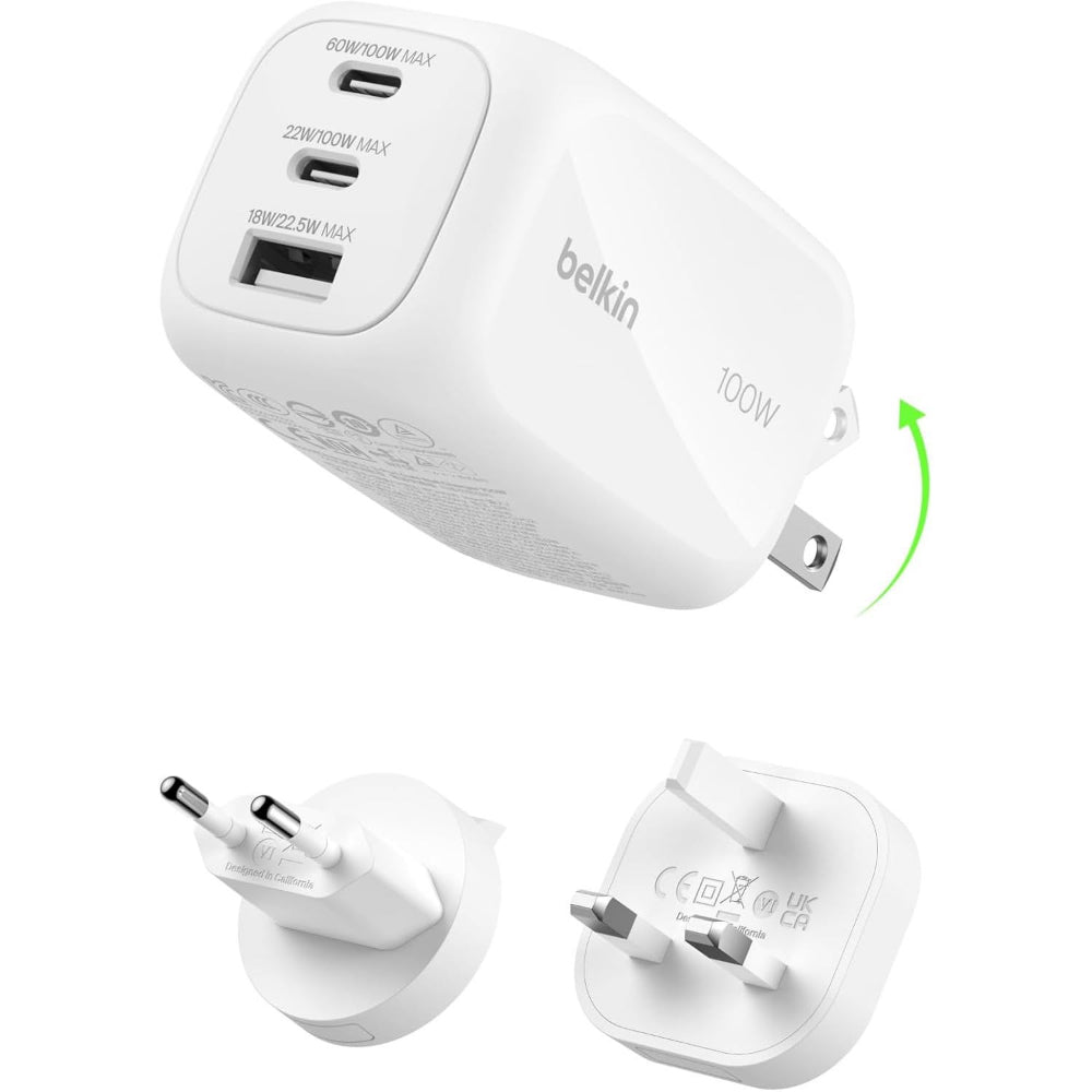 Belkin BoostCharge Pro 3-Port GaN Wall Charger 100W + Travel Adapters | PD Fast Charger, Compact Wall Charger w/ International Plugs,for iPhone, Samsung, iPad, Tablets, MacBook and USB-C Devices