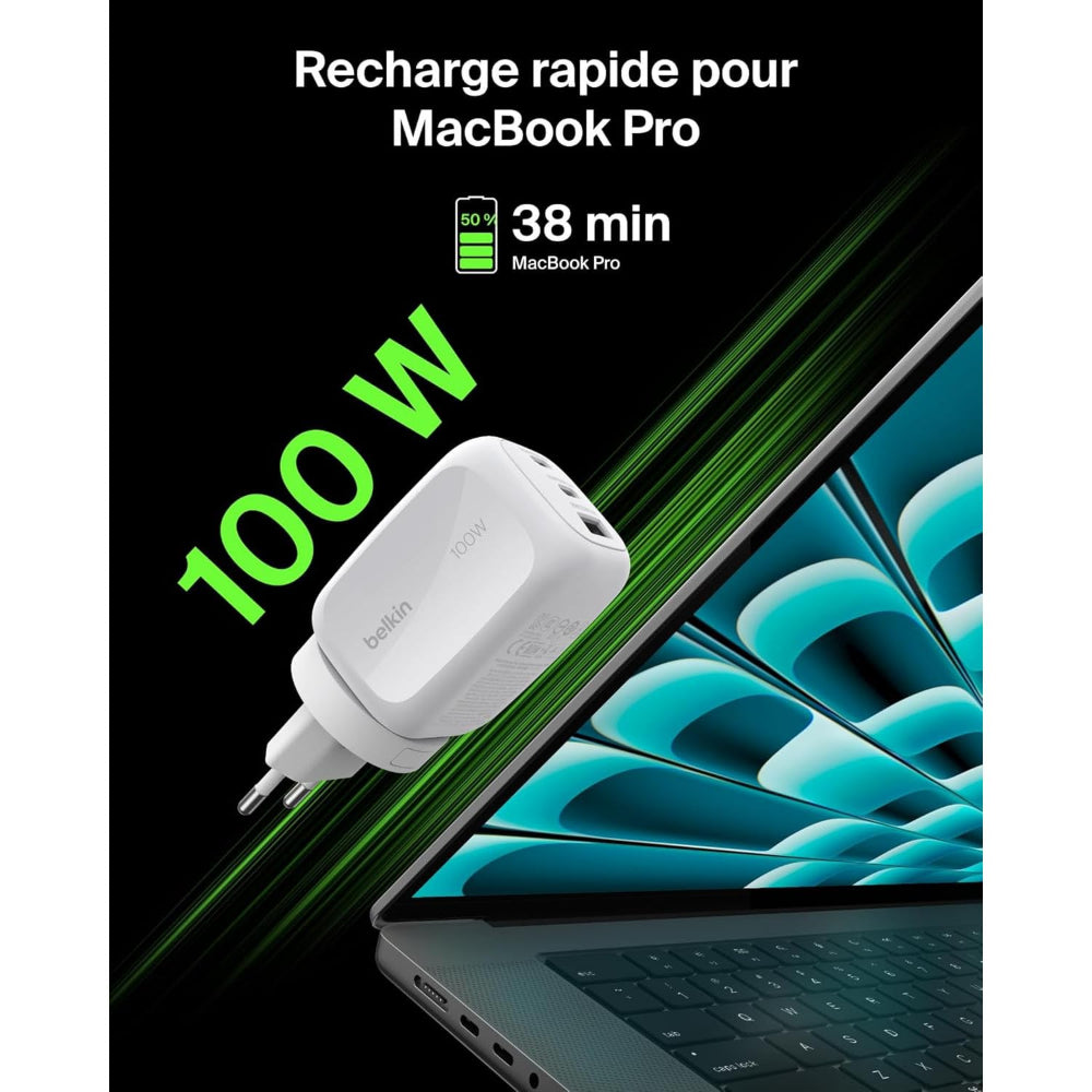 Belkin BoostCharge Pro 3-Port GaN Wall Charger 100W + Travel Adapters | PD Fast Charger, Compact Wall Charger w/ International Plugs,for iPhone, Samsung, iPad, Tablets, MacBook and USB-C Devices