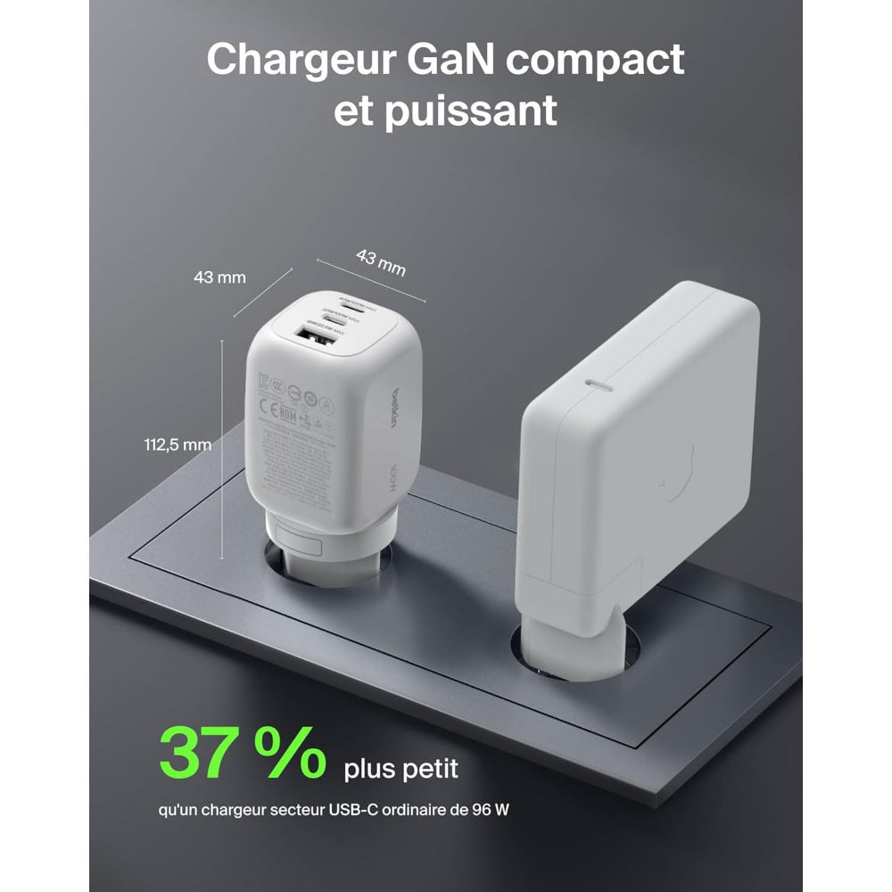 Belkin BoostCharge Pro 3-Port GaN Wall Charger 100W + Travel Adapters | PD Fast Charger, Compact Wall Charger w/ International Plugs,for iPhone, Samsung, iPad, Tablets, MacBook and USB-C Devices