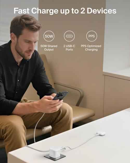Belkin BoostCharge Pro Dual USB-C GaN Wall Charger 50W | 2-Port USB-C, PD 3.1 PPS, Foldable Prongs, for MacBooks, Laptops, Tablets, Smartphones, USB-C Devices, White