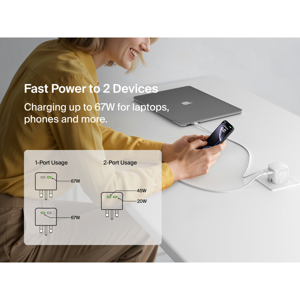 Belkin 2-Port USB C Plug 67W, Dual-Port GaN Charger with 2x USB C Ports, Fast Charging for MacBook, iPhone 17, iPad Pro, Chromebook, Galaxy S25 Ultra, Pixel 10, etc. - Travel Essentials - White