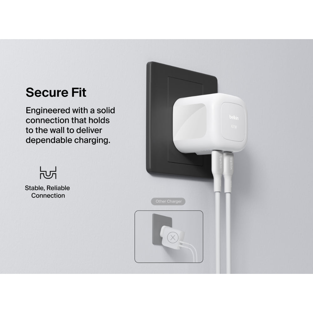 Belkin 2-Port USB C Plug 67W, Dual-Port GaN Charger with 2x USB C Ports, Fast Charging for MacBook, iPhone 17, iPad Pro, Chromebook, Galaxy S25 Ultra, Pixel 10, etc. - Travel Essentials - White