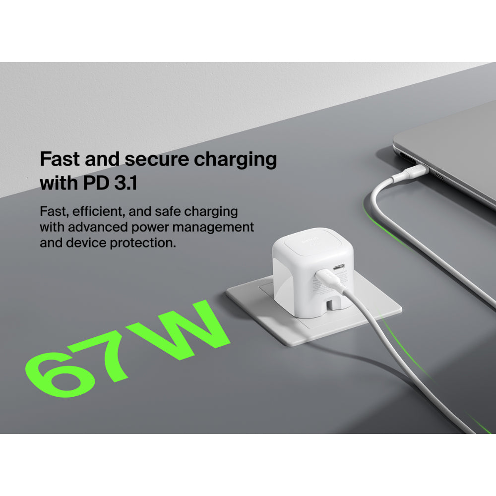 Belkin 2-Port USB C Plug 67W, Dual-Port GaN Charger with 2x USB C Ports, Fast Charging for MacBook, iPhone 17, iPad Pro, Chromebook, Galaxy S25 Ultra, Pixel 10, etc. - Travel Essentials - White