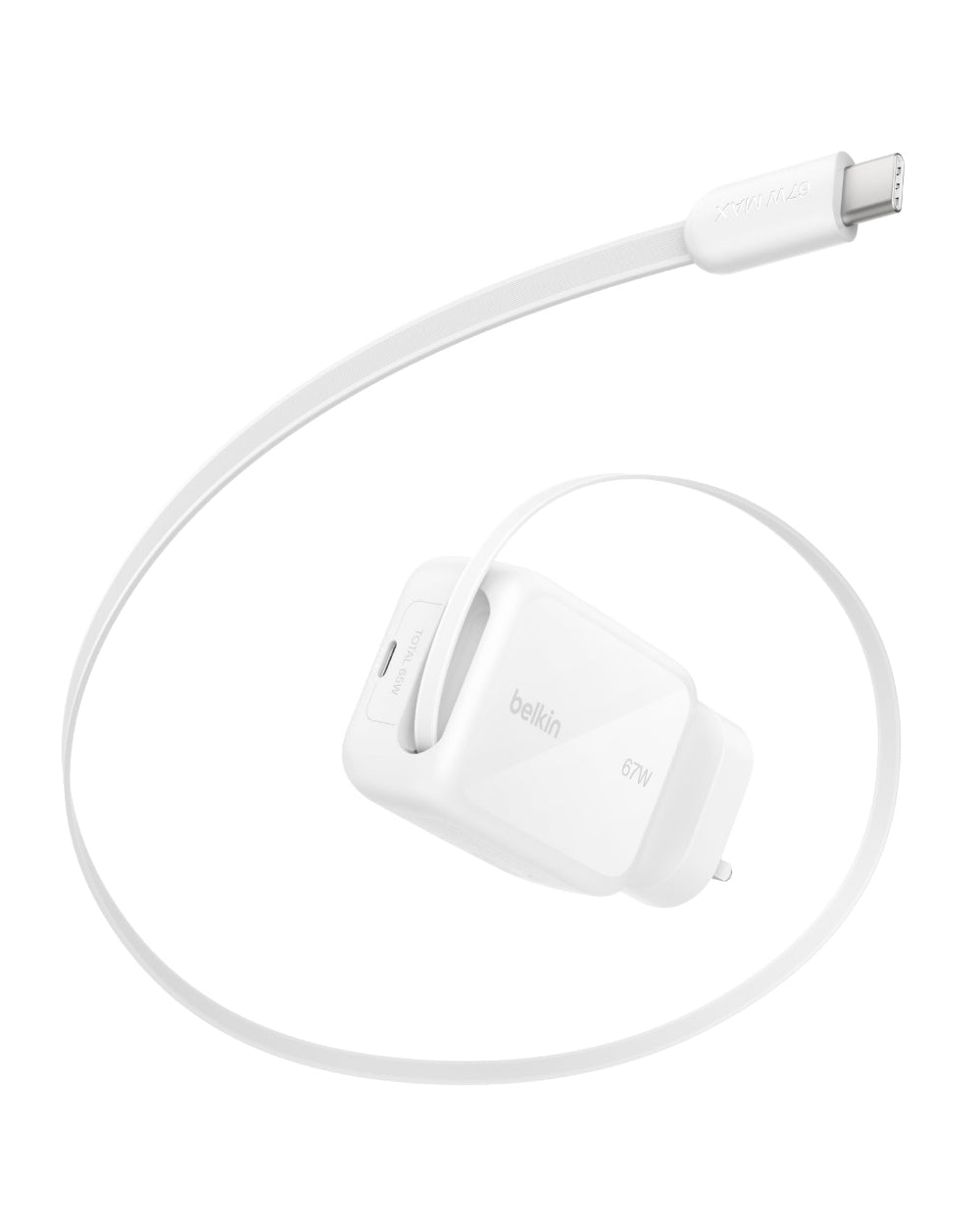 Belkin UltraCharge Retractable GaN Wall Charger 67W| Foldable & Travel Friendly, Dual Charging, For Laptops, Tablets, Phones, Earbuds, Watch, UK Plug, White