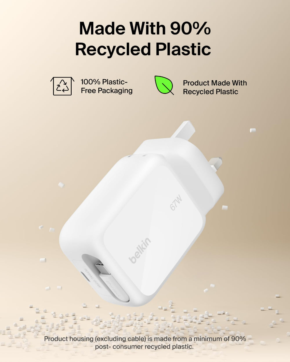 Belkin UltraCharge Retractable GaN Wall Charger 67W| Foldable & Travel Friendly, Dual Charging, For Laptops, Tablets, Phones, Earbuds, Watch, UK Plug, White
