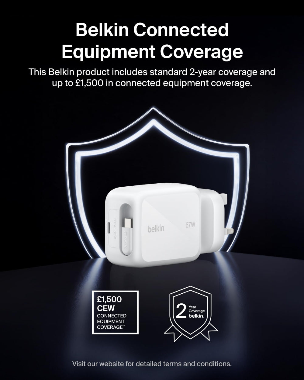 Belkin UltraCharge Retractable GaN Wall Charger 67W| Foldable & Travel Friendly, Dual Charging, For Laptops, Tablets, Phones, Earbuds, Watch, UK Plug, White